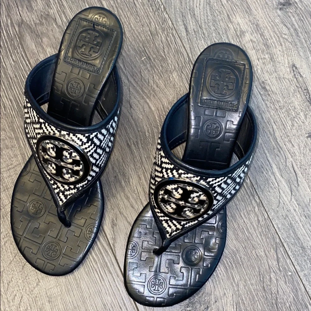 Tory Burch Black and White Woven Logo Thong Sandals